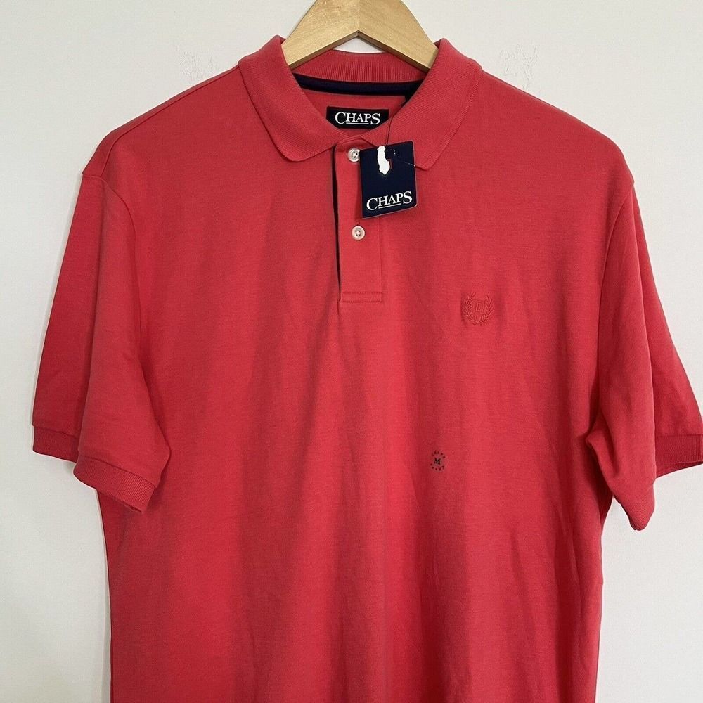 Chaps Mens Polo Shirt Sz M Red/Pink Short‎ Sleeve 3 Button Neck Front Collar NWT